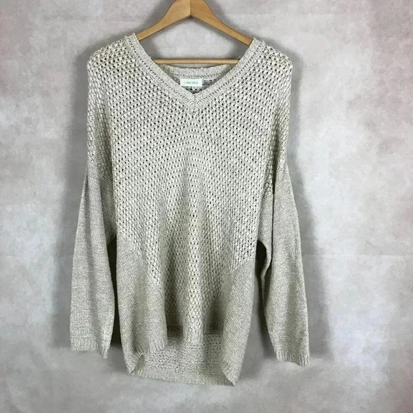 Women’s CALVIN KLEIN Beige Loose V-neck Sweater NEW - Picture 1 of 11
